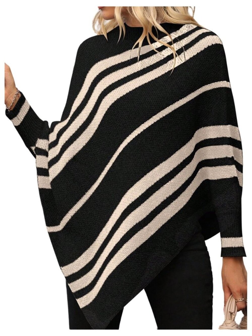 Women's Striped Mock Neck Knitted Poncho Sweater Dolman Long Sleeve Loose Tops